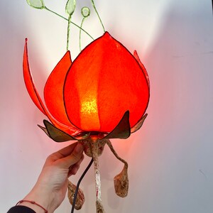 Puede incluir: Una l&aacute;mpara de papel con forma de flor roja con tallos y hojas verdes. La l&aacute;mpara est&aacute; encendida y tiene un cable blanco.