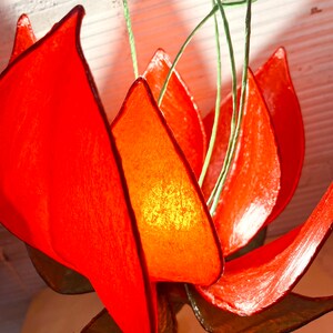 Puede incluir: Una l&aacute;mpara de papel con forma de flor roja con tallos verdes. La l&aacute;mpara est&aacute; encendida y la luz brilla a trav&eacute;s del papel.