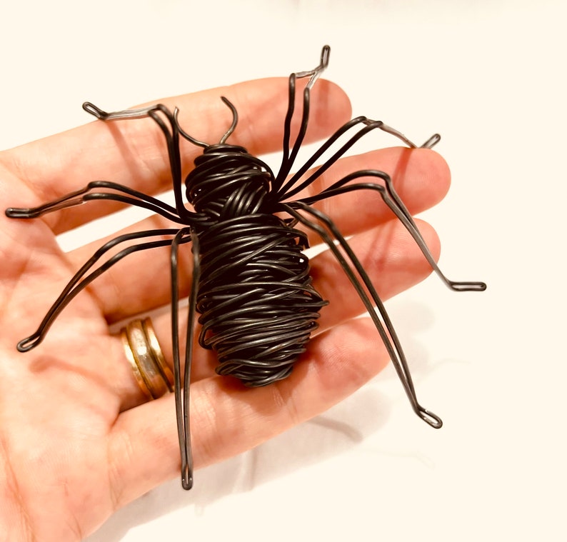 Puede incluir: Una escultura de ara&ntilde;a de alambre negro con ocho patas. La ara&ntilde;a est&aacute; hecha de alambre enrollado apretado y tiene una apariencia realista.