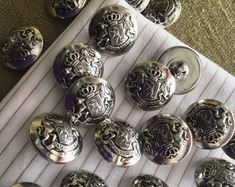 Antique SILVER EMBOSSED DOMED Buttons 3/4" (19mm) 30L Royal Crown Lion Silver Metal Button / Shank Silver Buttons / Blazer Buttons 859