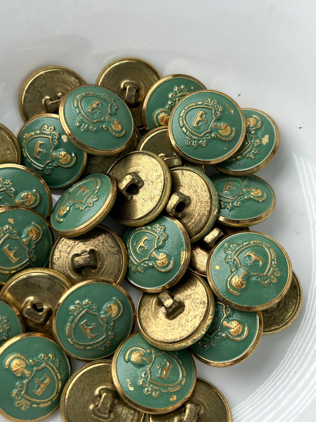 Vintage Gold Embossed Green Metal Shield Buttons: Blazer Jacket Uniform ...