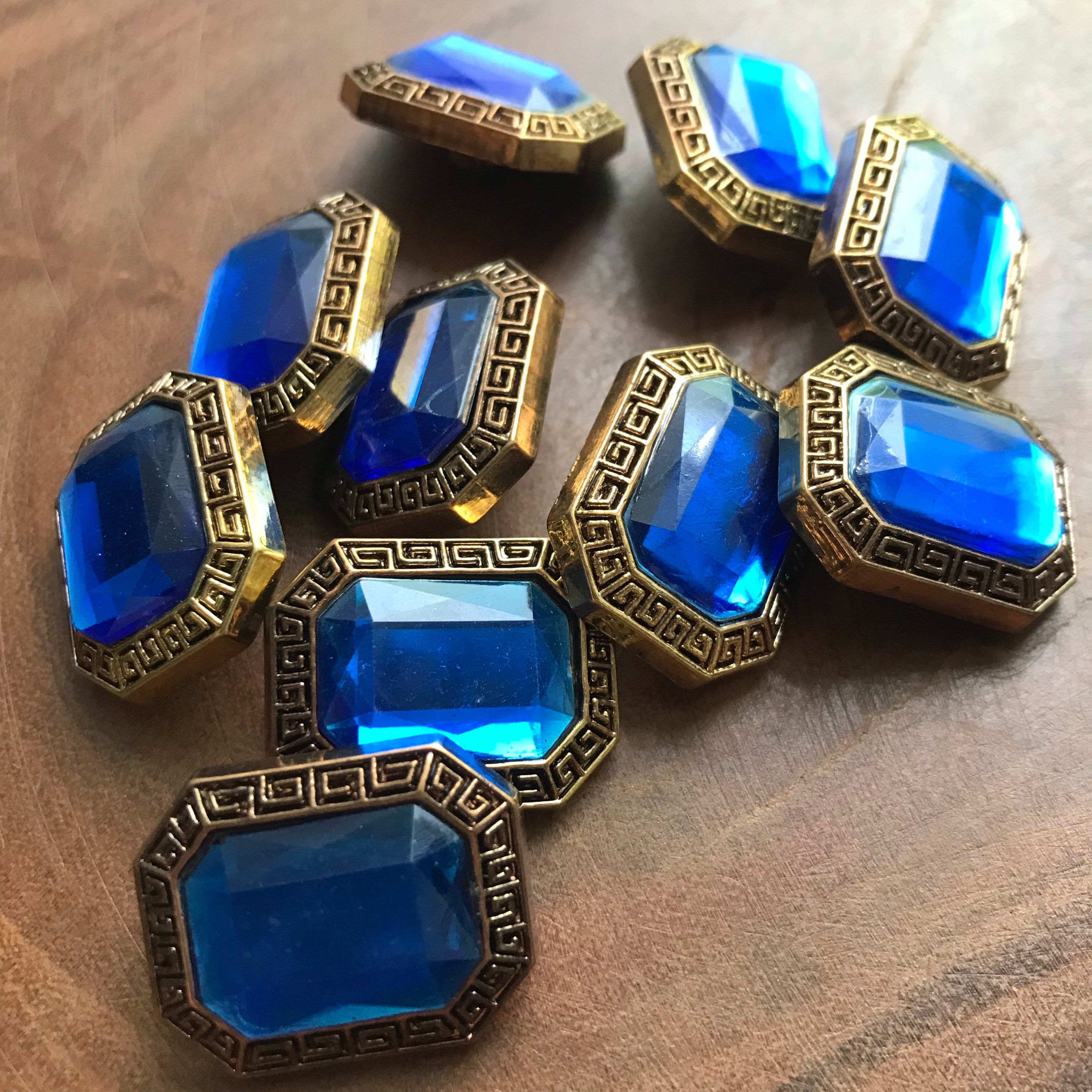 Vintage Royal Gold Greek Key Buttons: Blue Jewel Shank (13/16