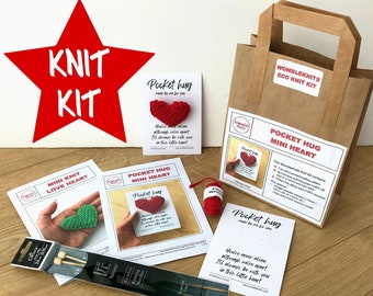 Pocket Hug Heart Knit Kit - vegan recycled cotton yarn, colour printed instructions, presentation card, optional needles - long distance hug