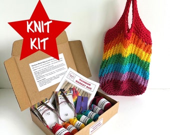 Rainbow market bag knit kit - everything you need to knit your own reusable cotton shopping tote, no seams, easy knitting, eco-friendly DIY