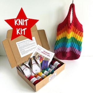 Rainbow market bag knit kit - everything you need to knit your own reusable cotton shopping tote, no seams, easy knitting, eco-friendly DIY