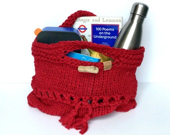 Reusable carryall multitote, eco project/craft/hobby bag, hand knitted in 100% recycled t-shirt yarn with tassels and driftwood toggle