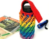 Rainbow zero waste reusable water bottle holder with wrist strap, hand-knit cotton sling for any bottle or cup, eco-friendly lgbt pride gift