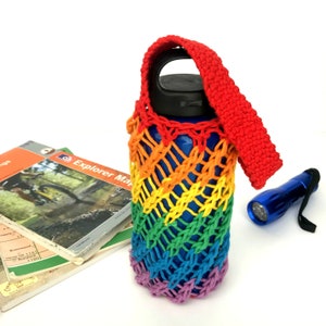 Rainbow water bottle holder with wrist strap hand-knit image 2