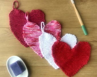 Hand knit heart washcloth, cotton dishcloth in 4 colours, ready to ship, eco crochet face flannel, environmentally friendly Valentine gift