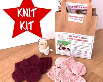 DIY face scrubbies KNIT KIT - full colour knitting pattern + recycled cotton yarn in peach and berry + optional knitting needles, eco craft