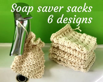 Organic cotton soap saver sacks, hand knit plastic-free shampoo bar holder, choice of 6 patterns, zero waste soap bag, eco Mothers Day gift