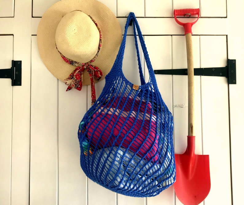 Large beach bag, cotton crochet shoulder bag, handmade net grocery bag, eco French market tote, rustic mesh shopping bag, summer tote image 1