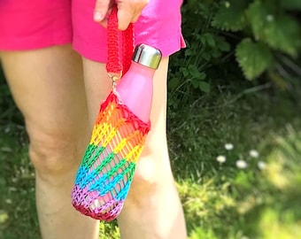 Rainbow water bottle holder with wrist strap, hand-knit sustainable cotton sling for any bottle/cup, lgbt pride gift, eco festival accessory