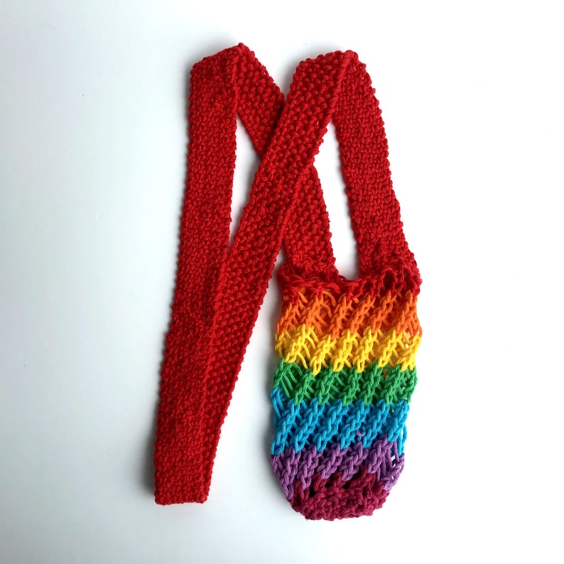 Rainbow bottle sling with crossbody strap, reusable bottle holder, hand-knit cotton cup sling, lgbtq stocking stuffer, eco-friendly gift image 5