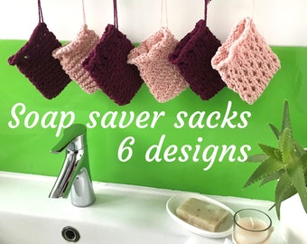 Recycled cotton soap saver sacks, eco-friendly plastic-free shampoo bar holder, 2 colours 6 patterns, zero waste soap bag, hand knit tawashi