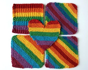 Rainbow knit washcloths, 5 handknit designs, face flannel, cotton crochet dishcloth, environmentally friendly, lgbtq pride, natural beauty