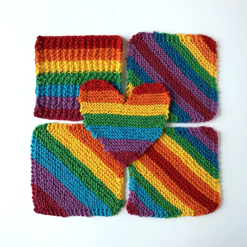 Rainbow knit washcloths, 5 handknit designs, face flannel, cotton crochet dishcloth, environmentally friendly, lgbtq pride, natural beauty image 1