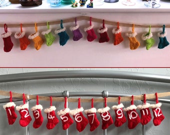 Mini stocking advent calendar, reusable Christmas countdown, rainbow mini stockings garland, all hand knitted in sustainably produced wool