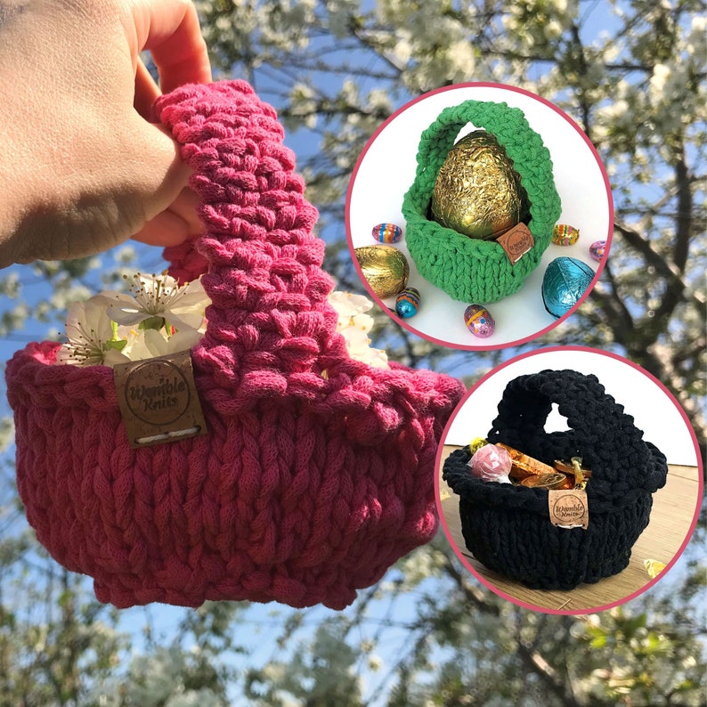 Eco flower girl basket, mini Easter basket, zero waste rustic wedding, sustainable bride, reusable gift bag handknit in 100% recycled yarn Pink