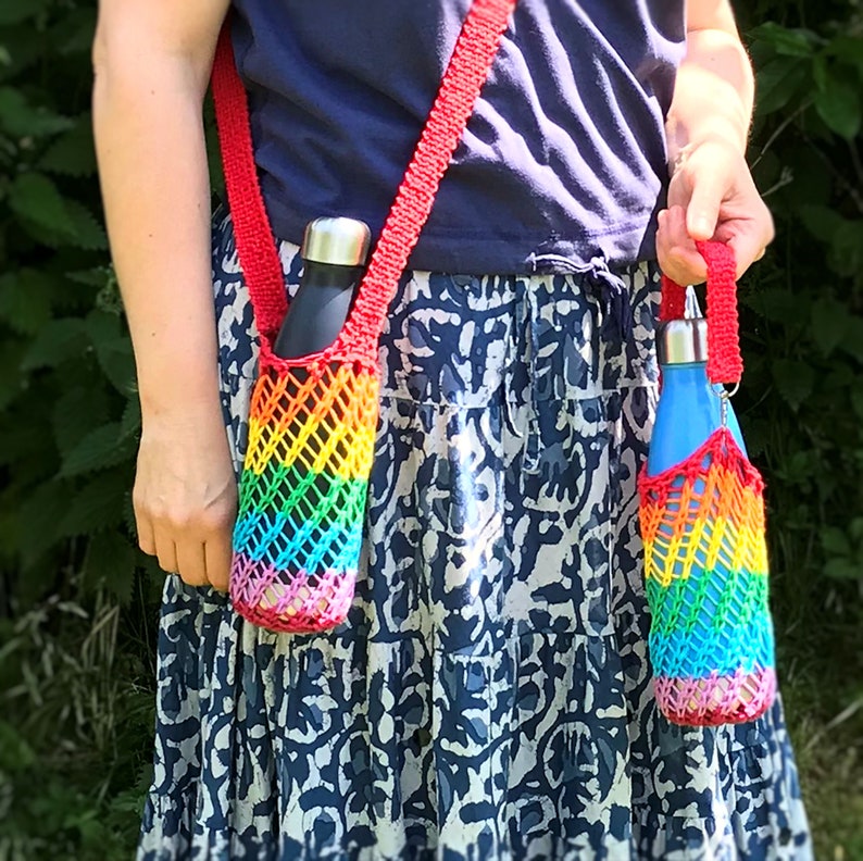 Rainbow water bottle holder with wrist strap hand-knit image 8