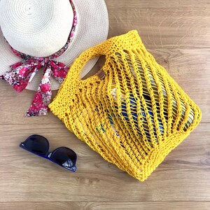 Hand knit market bag, 100% cotton, reusable string shopping bag, cottagecore eco-friendly net produce tote, funky gift, zero waste living Yellow