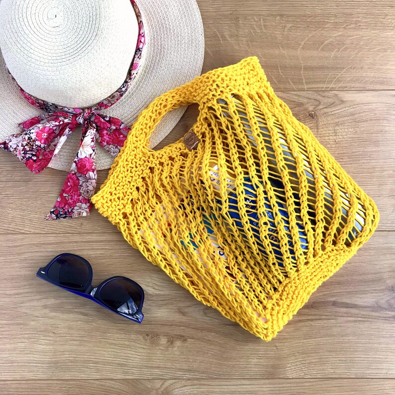 Hand knit market bag, 100% cotton, reusable string shopping bag, cottagecore eco-friendly net produce tote, funky gift, zero waste living Yellow