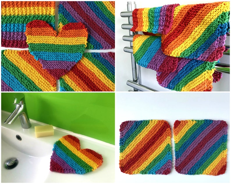 Rainbow knit washcloths, 5 handknit designs, face flannel, cotton crochet dishcloth, environmentally friendly, lgbtq pride, natural beauty image 2