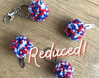 Red white and blue pompom keyring and hair clips, mini Independence Day accessories, July 4th purse charm, eco patriotic stocking stuffer