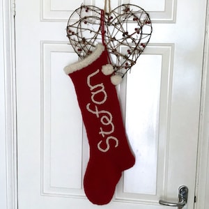Personalised traditional Christmas stocking hand-knit in red Red