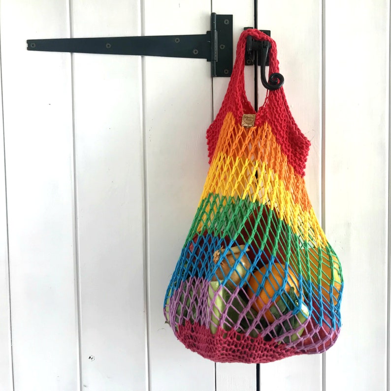 Rainbow market bag knit kit everything you need to knit your own reusable cotton shopping tote, no seams, easy knitting, eco-friendly DIY image 4