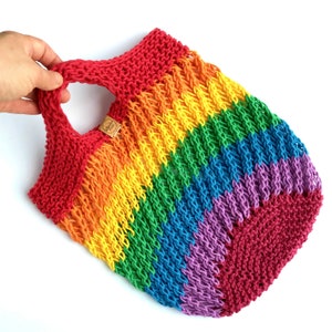 Rainbow market bag knit kit everything you need to knit your own reusable cotton shopping tote, no seams, easy knitting, eco-friendly DIY image 3