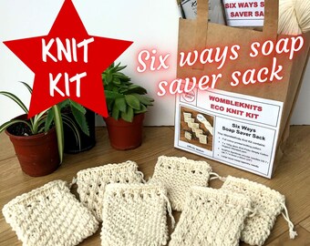 Organic cotton soap savers knit kit - includes full colour pattern + yarn + optional knitting needles, easy knitting pattern, eco DIY craft