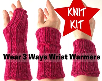 Kit de tricot chauffe-poignets - 3 façons de la porter - Mitaines convertibles à monter soi-même, laine mérinos durable, modèle de tricot facile, sans soufflet pour le pouce