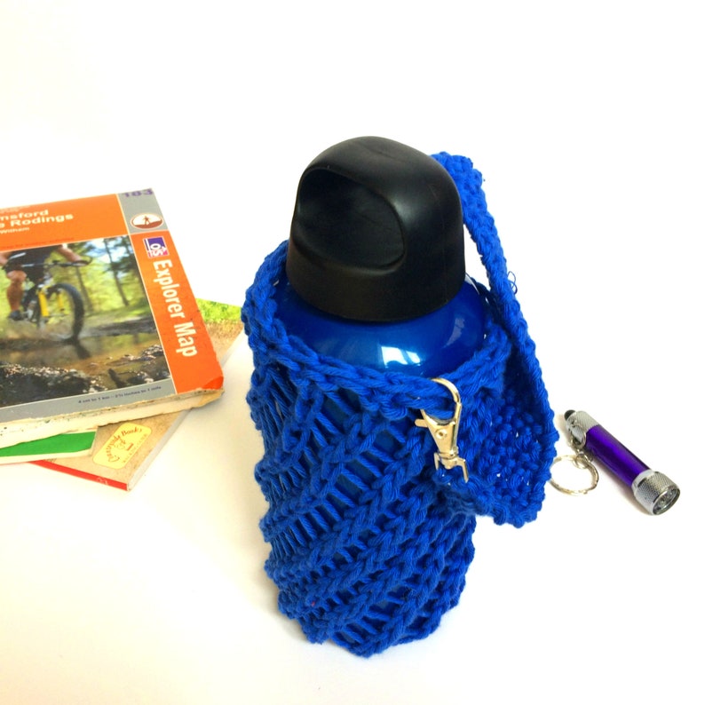 Bottle sling with long or short strap eco-friendly hand-knit Blue