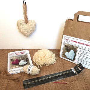 Heart knit kit knit your own hanging stuffed wool heart Straight needles