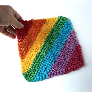 Rainbow knit washcloths, 5 handknit designs, face flannel, cotton crochet dishcloth, environmentally friendly, lgbtq pride, natural beauty Wide diagonal stripe