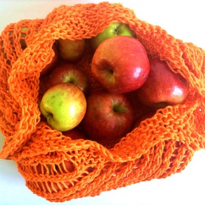 Hand knit market bag, 100% cotton, reusable string shopping bag, cottagecore eco-friendly net produce tote, funky gift, zero waste living Orange