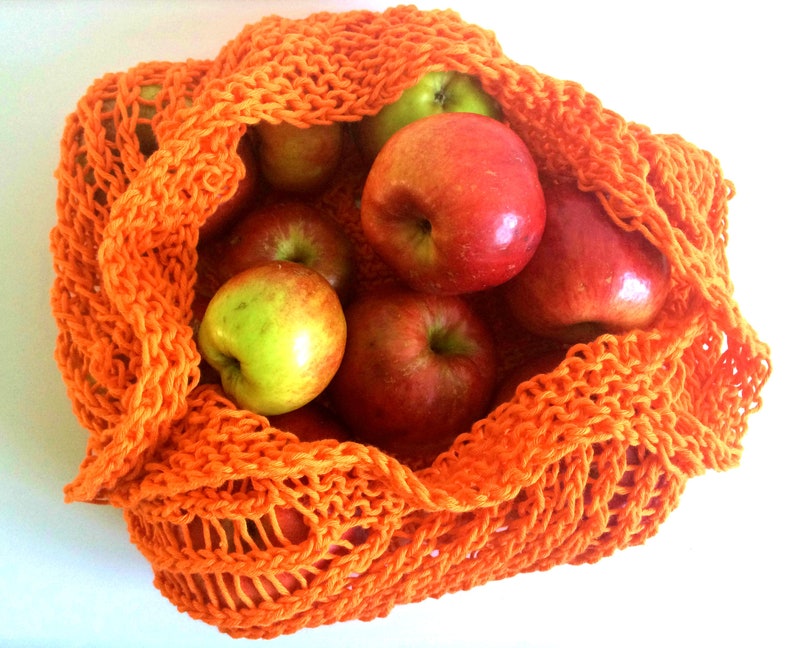 Hand knit market bag, 100% cotton, reusable string shopping bag, cottagecore eco-friendly net produce tote, funky gift, zero waste living Orange