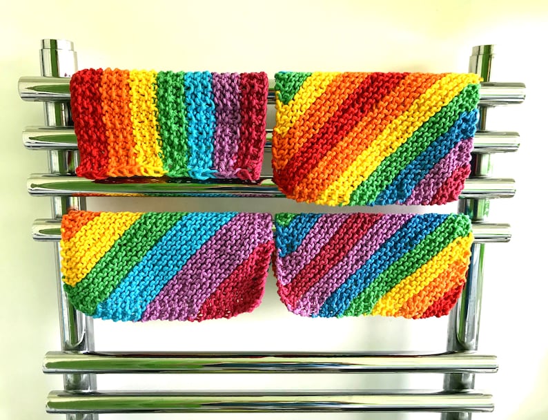 Rainbow knit washcloths, 5 handknit designs, face flannel, cotton crochet dishcloth, environmentally friendly, lgbtq pride, natural beauty image 3