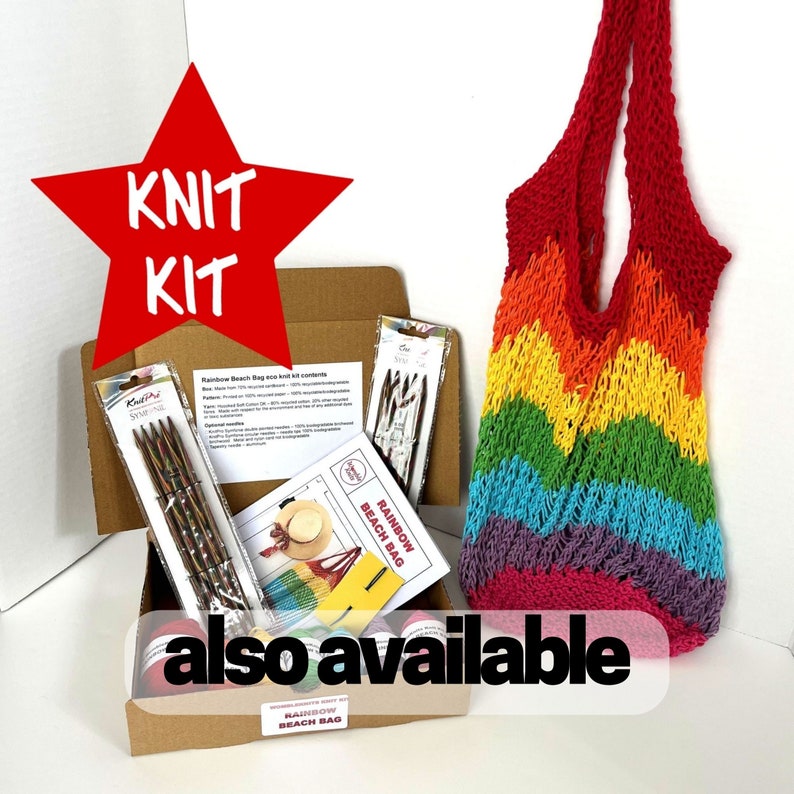 Rainbow market bag knit kit everything you need to knit your own reusable cotton shopping tote, no seams, easy knitting, eco-friendly DIY image 10