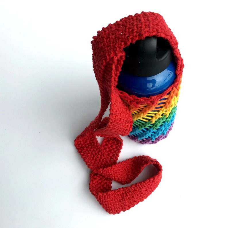 Rainbow bottle sling with crossbody strap, reusable bottle holder, hand-knit cotton cup sling, lgbtq stocking stuffer, eco-friendly gift image 8