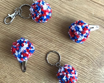 Red white and blue pompom keyring and hair clips, mini Independence Day accessories, July 4th purse charm, eco patriotic stocking stuffer