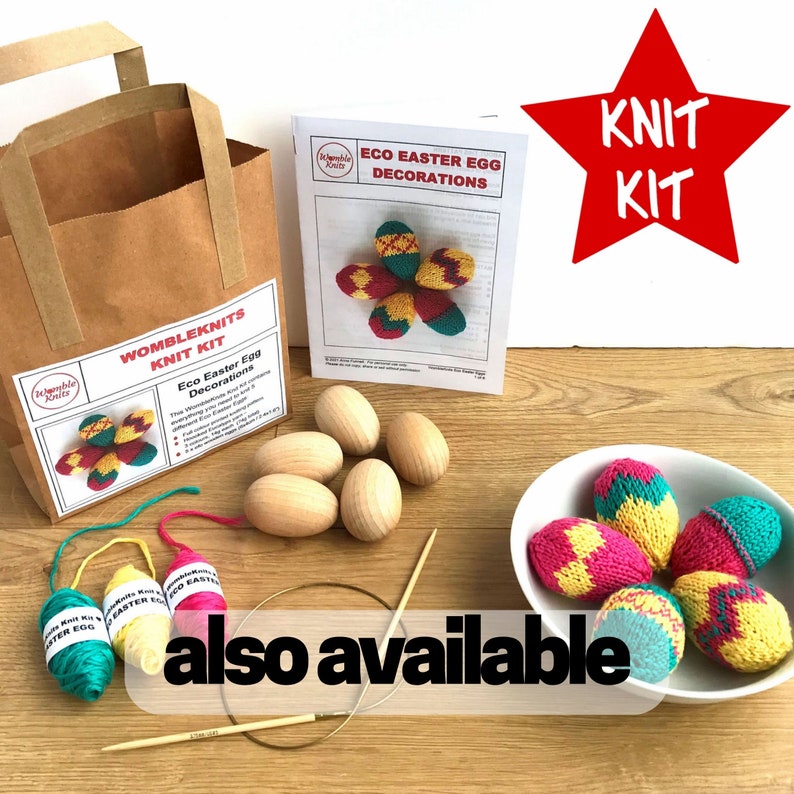 May include: A WombleKnits Eco Easter Egg Decorations knit kit including a brown paper bag, an instruction booklet, five wooden egg forms, three small balls of yarn in teal, yellow, and pink, and a circular knitting needle with finished eggs.