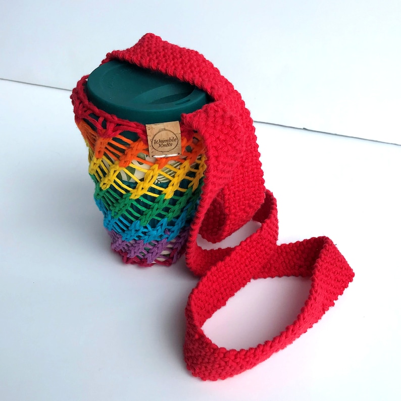 Rainbow bottle sling with crossbody strap, reusable bottle holder, hand-knit cotton cup sling, lgbtq stocking stuffer, eco-friendly gift image 3