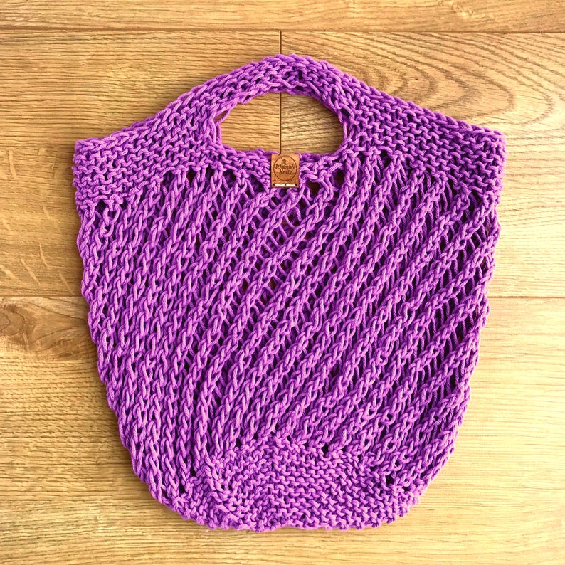 Hand knit market bag, 100% cotton, reusable string shopping bag, cottagecore eco-friendly net produce tote, funky gift, zero waste living Purple