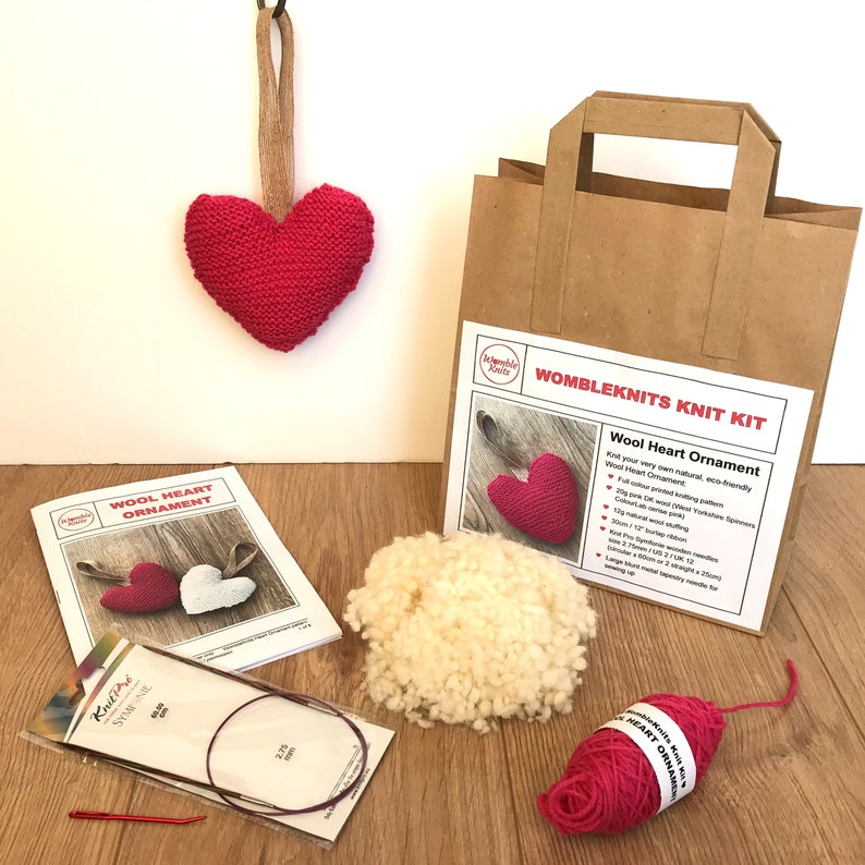 Heart knit kit knit your own hanging stuffed wool heart Circular needles