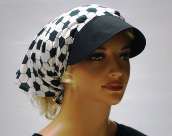 Headscarf with peak summer hat chemo convertible cloth alopecia black white footballs, beige, blackberry sun hat summer cap peaked cap cape fans