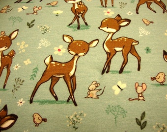 1 m/23.95 Euro sweat print French Terry Bambi young deer fawn on playground with mouse, butterfly flowers bird light mint gray sold by the metre