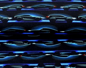 1m/24,95Euro French Terry Stoffe-Auto-Silouette bei Nacht Autos Flitzer Rennautos  türkis blau schwarz Männer Meterware Sweat Hoody nähen