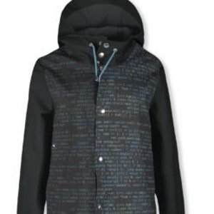 Könnte beinhalten: Ein schwarzer Kapuzenregenmantel mit einem blauen Reißverschluss und einem Code-Muster auf der Vorderseite.